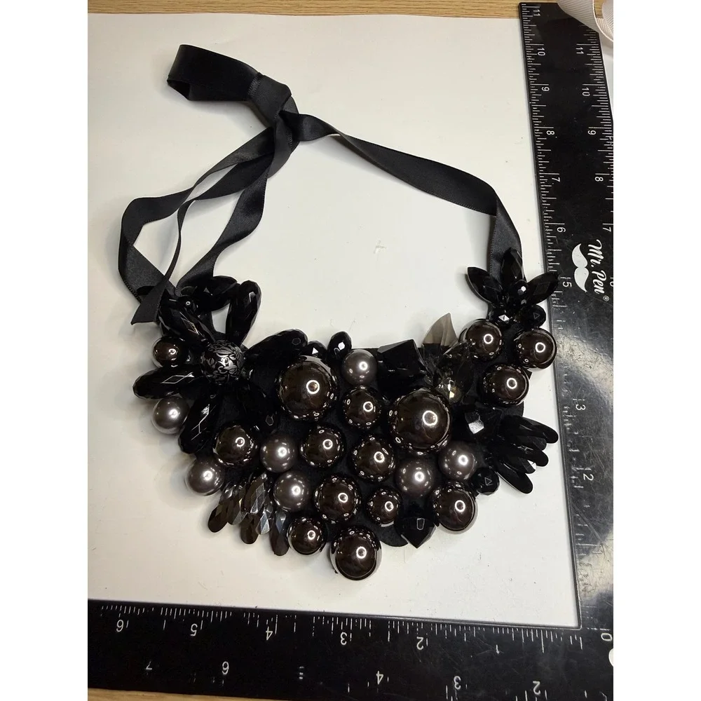 Black Statement Bib Necklace Faux Pearl Crystal Cluster Ribbon Tie Adjustable